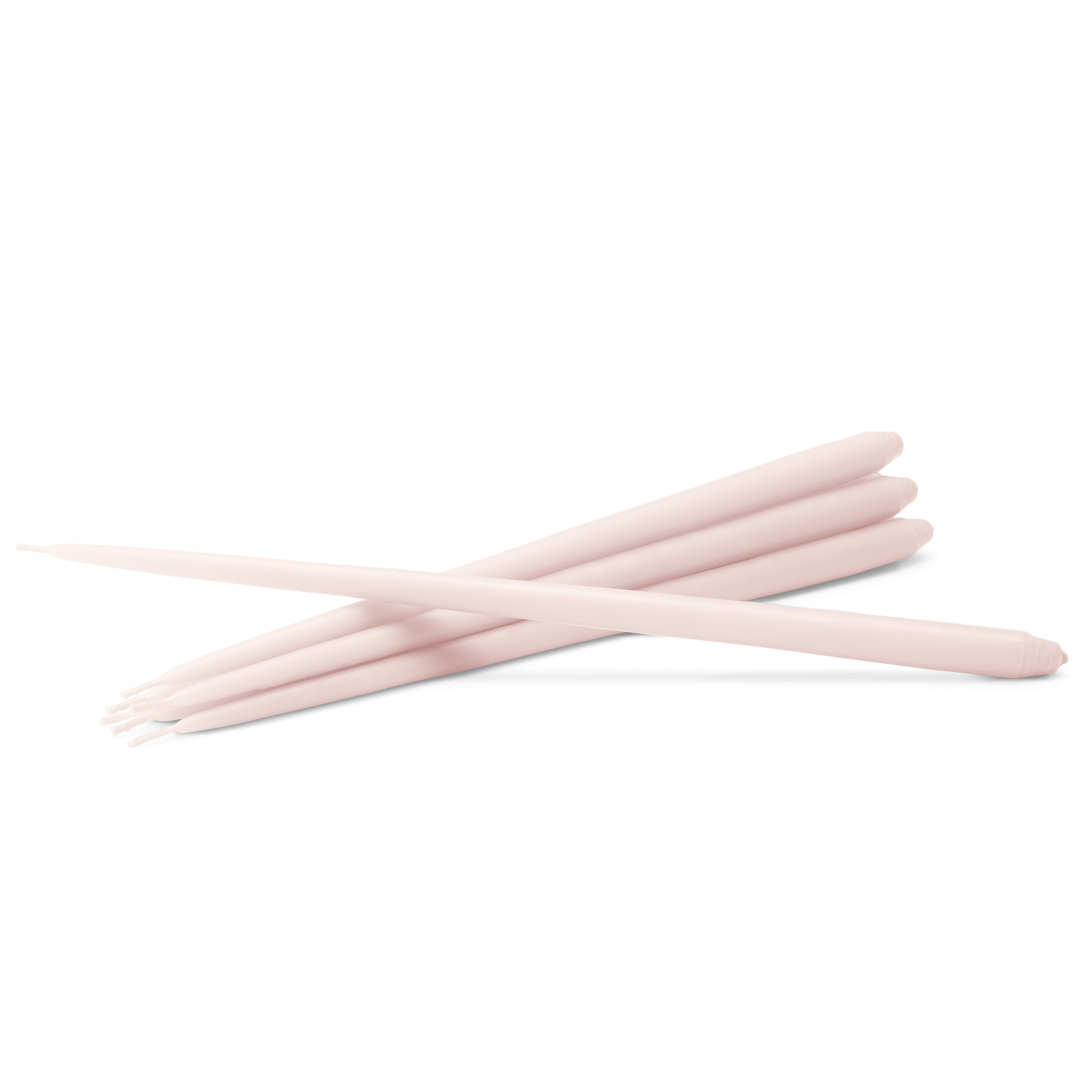 A set of six pale pink, long tapered taper candles, arranged diagonal to vertical on a white background.