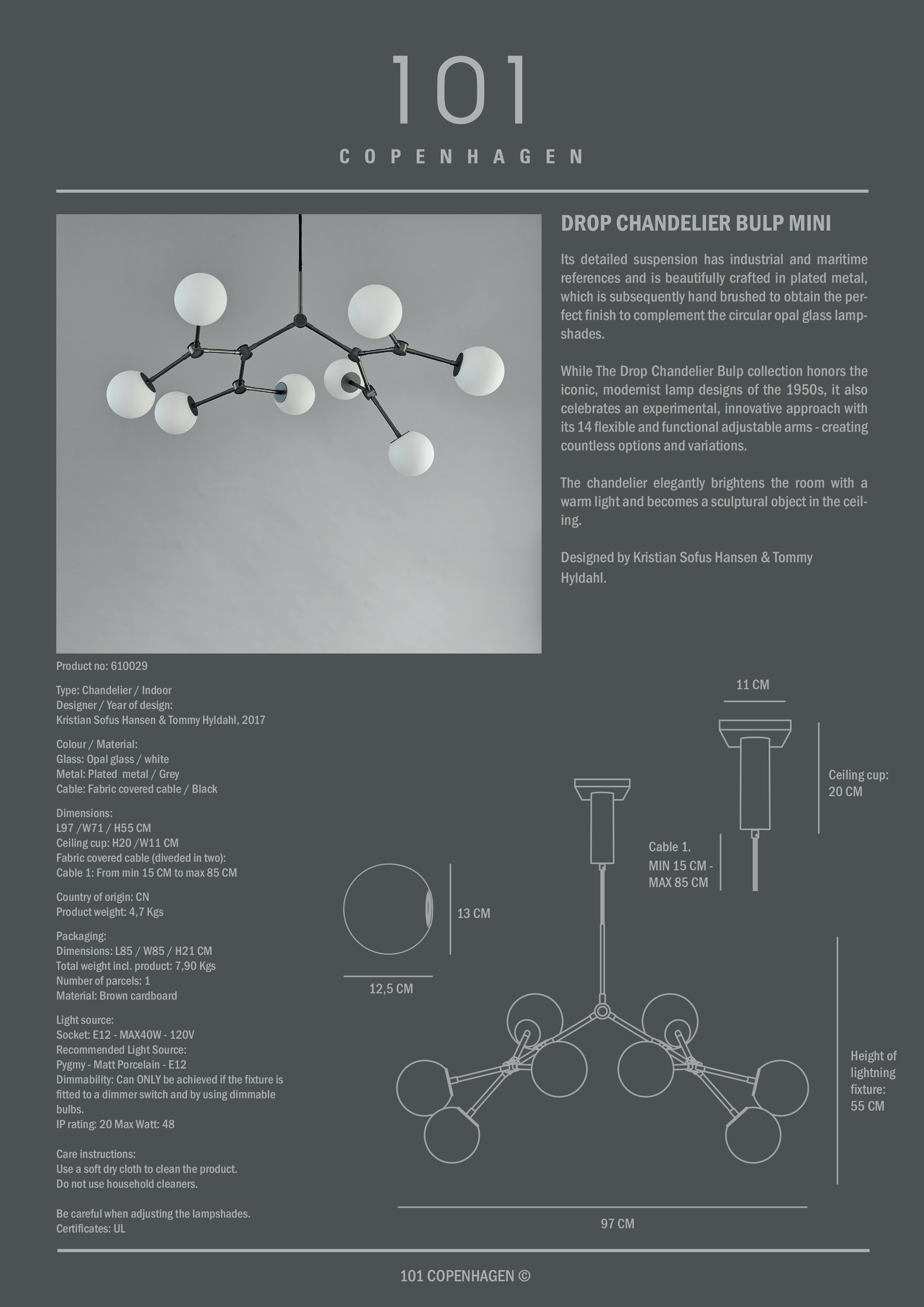 101 Copenhagen Drop Chandelier Bulp, Mini - Grey (UL) – NORMODE