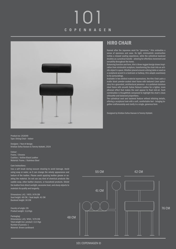 101 Copenhagen - Hiro Dining Chair, Stainless Steel - Aniline Leather Black - Dining Chair