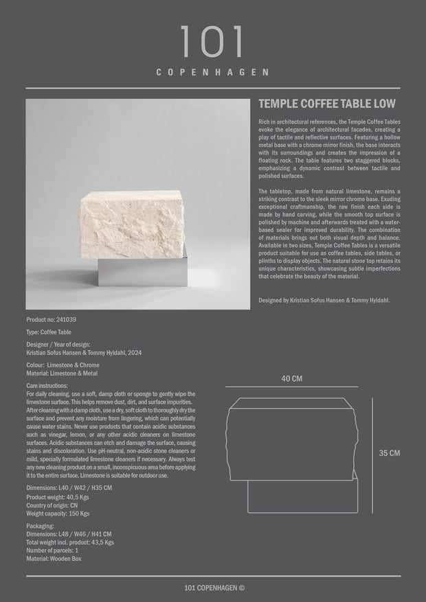 101 Copenhagen Temple Coffee Table, Low - Chrome / Limestone