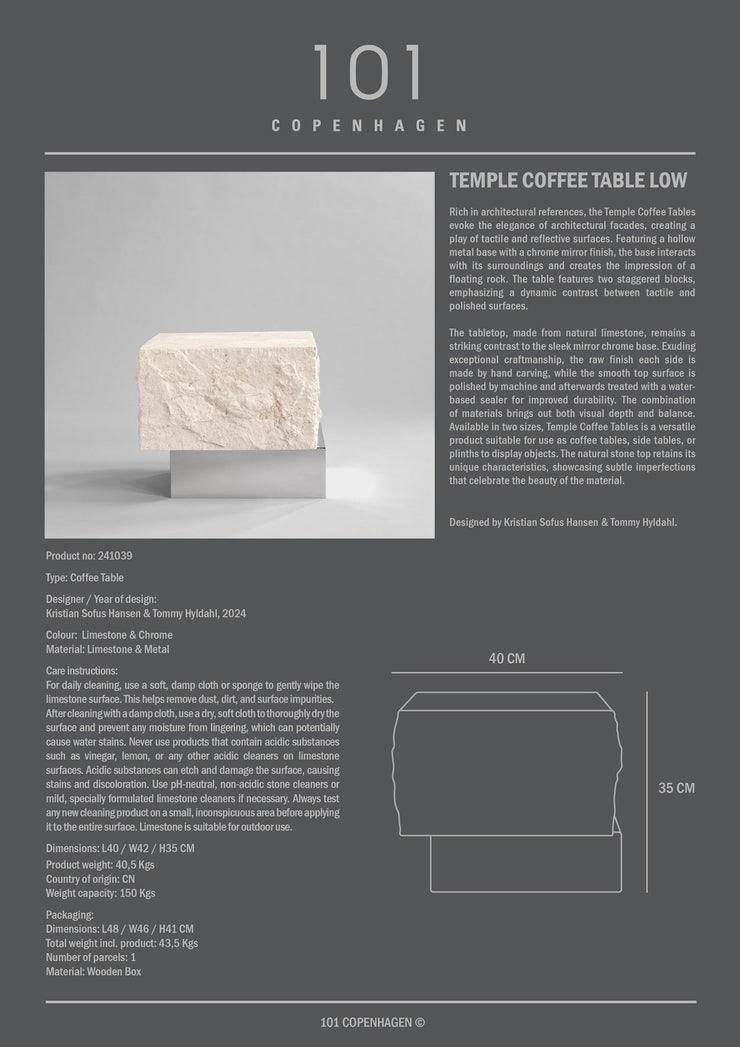 101 Copenhagen Temple Coffee Table, Low - Chrome / Limestone