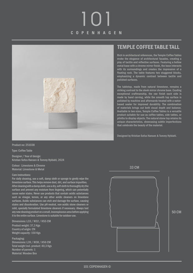 101 Copenhagen Temple Coffee Table, Tall - Chrome / Limestone