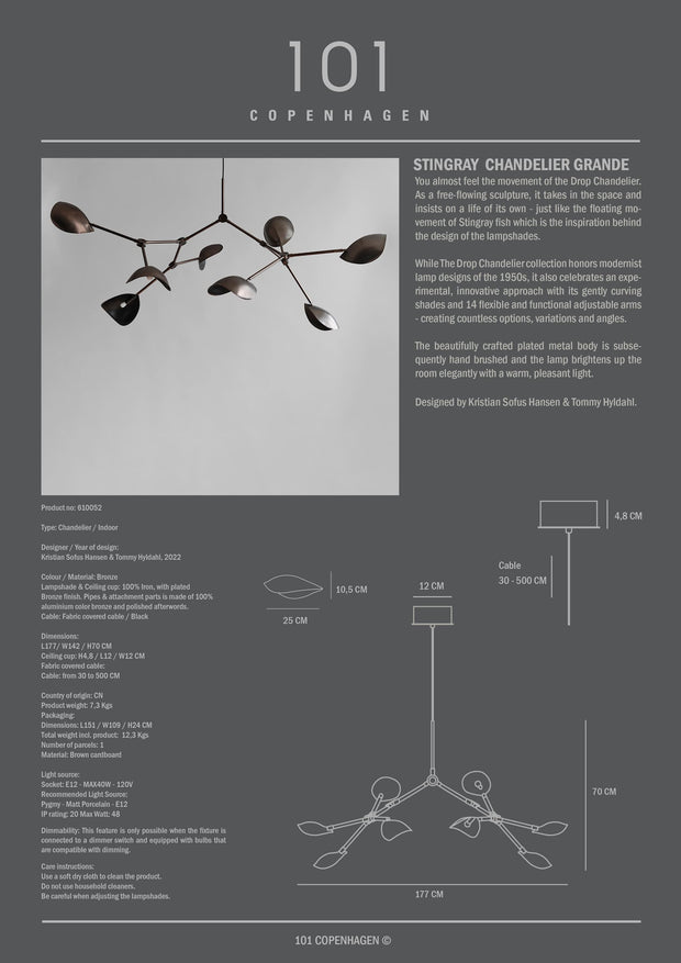 Stingray chandelier grandeur by 101 Copenhagen with product details on a gray background