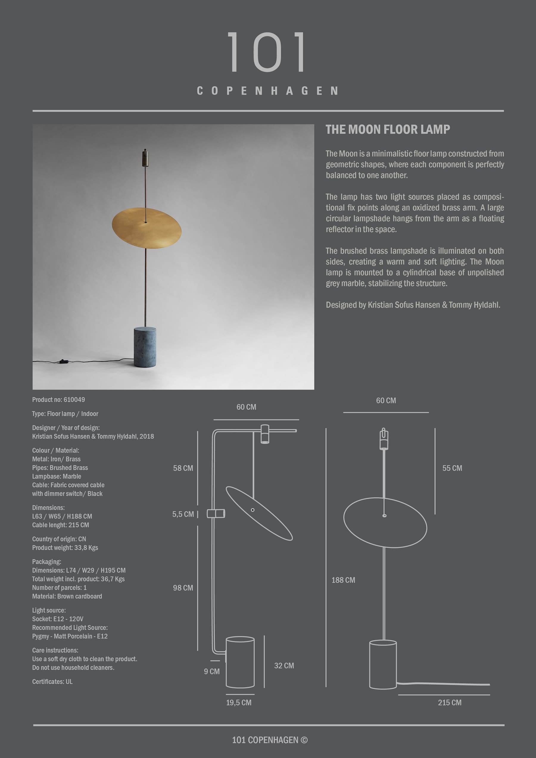 Product information sheet for the Moon Floor Lamp by 101 Copenhagen, featuring a lamp image and technical drawings.