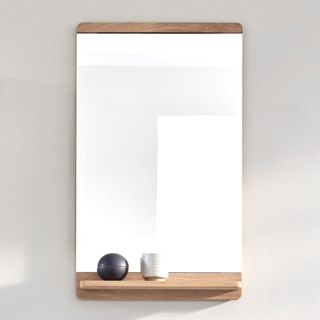 【新品未使用】WALL MIRROR RO-011〈OAK〉SAC WORKS Oak Wall Mirror with Shelf - Elegant Design