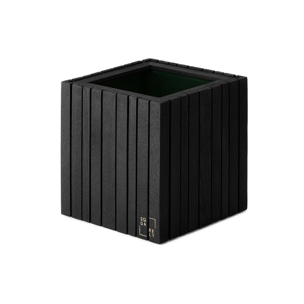 selfwatering planter in black ash wood, prevents your plants from drying out