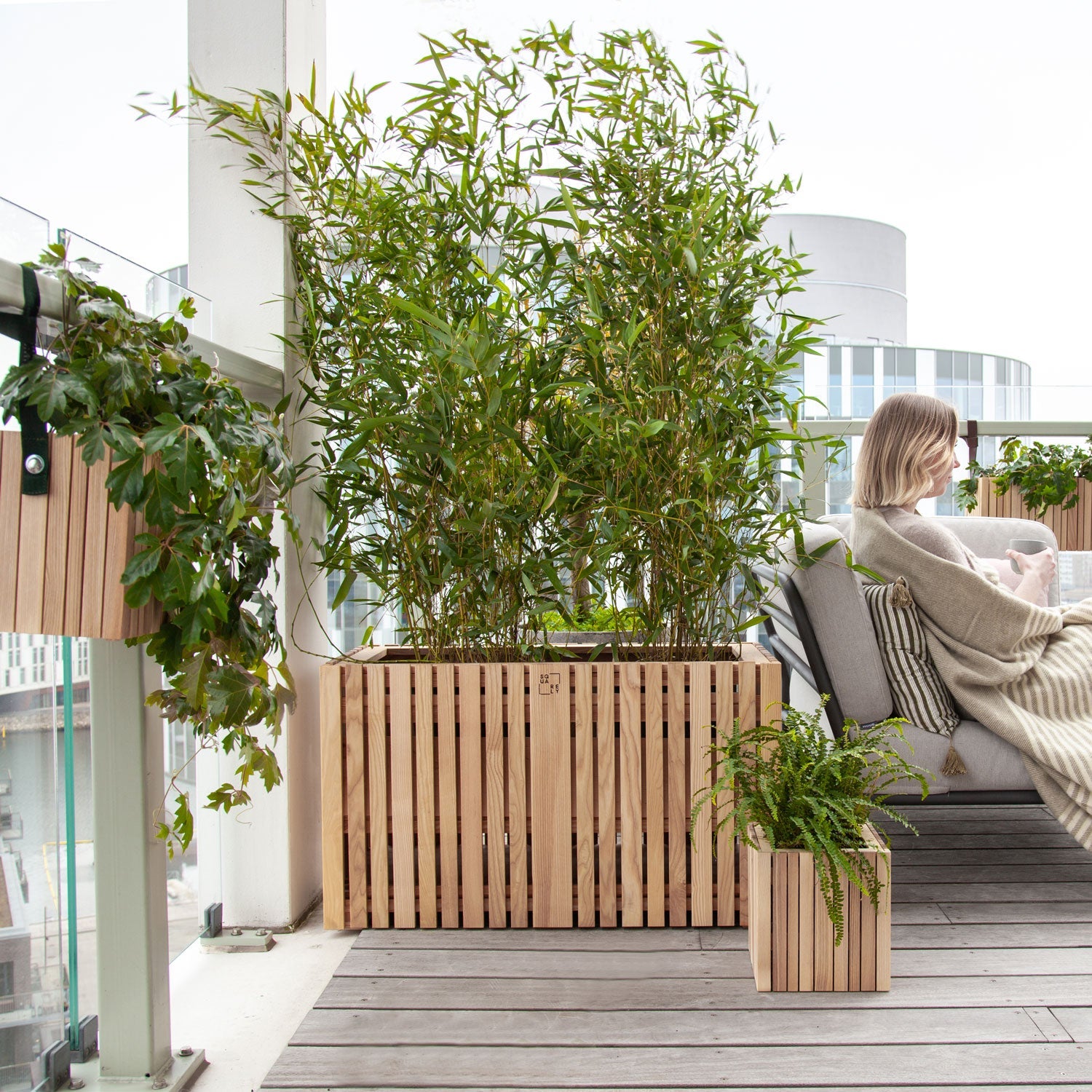 Squarely GrowLARGE Self-Watering Planter, Natural Ash