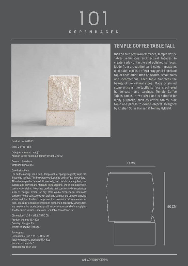 Temple Coffee Table, Tall - Limestone - 101 Copenhagen